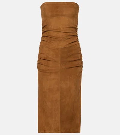 Stouls Salma Ruched Suede Midi Dress In Brown