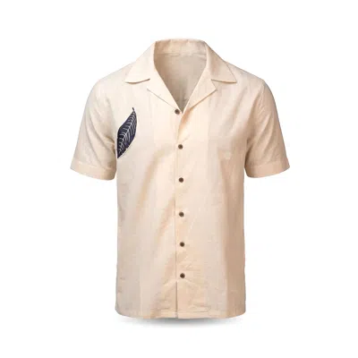 Stovaria Men's White Camp Collar Half Sleeve Organic Cotton Shirt With Indigo Leaf Appliqué In Pattern