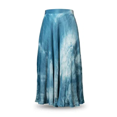 Stovaria Women's Blue Indigo Cloud Dyed Vegan Bamboo Silk Midi Skirt