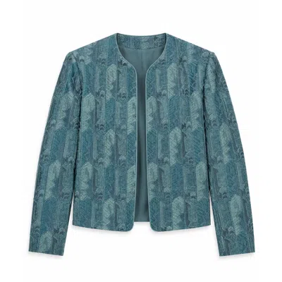 Stovaria Women's Green Teal Layered & Embroidered Pure Silk Statement Jacket In Blue