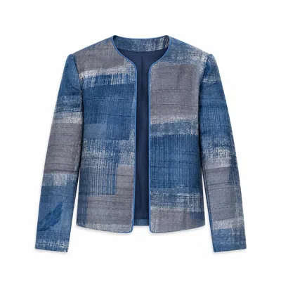 Stovaria Women's Indigo Handblock Printed Pure Tussar Silk Statement Jacket In Blue