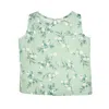 Stovaria Women's Mint Green Sleeveless Top In Pure Linen With Soft Floral Print In Multi