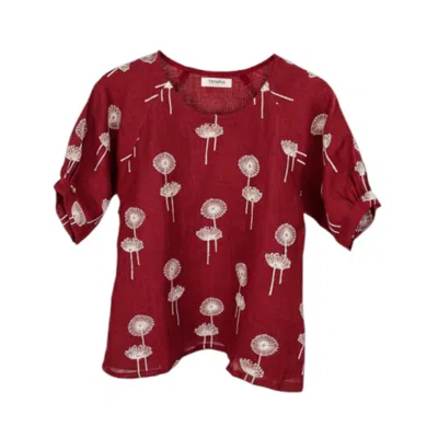 Stovaria Women's Red Dandelion Bloom Linen Top – Pure Comfort With Artful Stitch