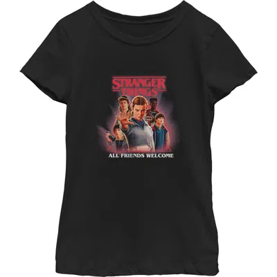Stranger Things Kids' Girl's  All Friends Welcome Classic Logo  Graphic T-shirt In Black