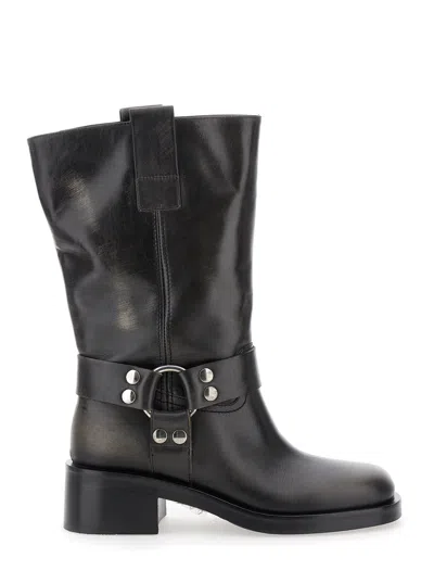 STRATEGIA BLACK ANKLE BOOTS WITH STUDS AND RING IN LEATHER WOMAN