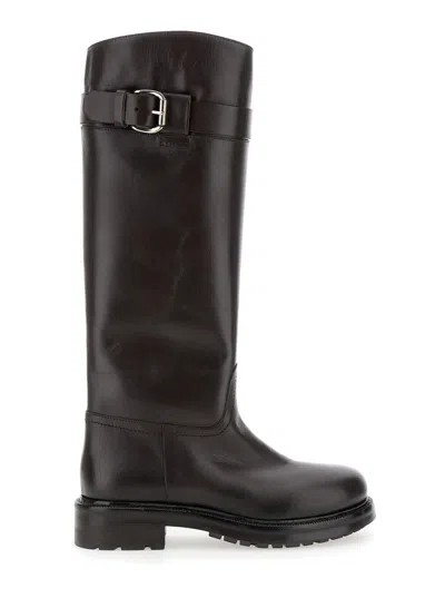 Strategia Brown Knee-high Boots With Buckle In Leather Woman