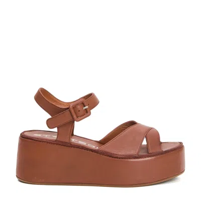 Strategia Cross-strap Wedge Sandals In Soft Cuoio Leather In Brown