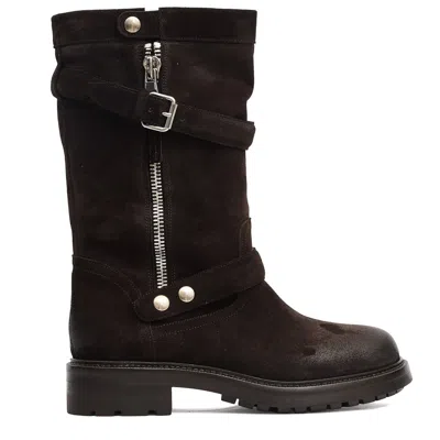 Strategia Dark Brown Suede Biker Ankle Boots With Zipper And Buckle Accents