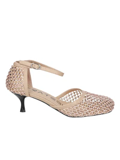 Strategia Perforated Fabric Ankle Strap Pumps With Rhinestone Embellishments In Multi