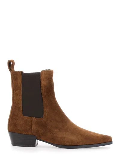 Strategia Pointed Toe Pull-on Suede Ankle Boots With Elastic Side Straps In Brown