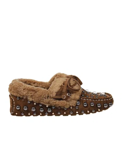 Strategia R 54 Studded Shearling Flat Shoes In Brown