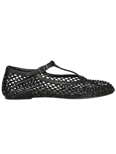 Strategia Rhinestone-embellished T-strap Flats With Leather Accents In Black