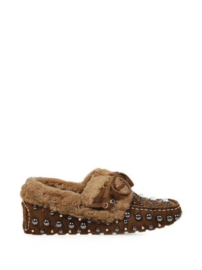 Strategia Shoes Studded Shearling-lined Loafers In Brown