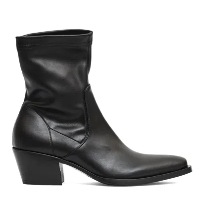Strategia Stretch Black Leather Ankle Boots With Pointed Toe And Block Heel In Multi