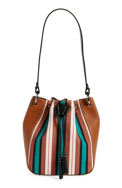 Strathberry X Collagerie Bolo Canvas & Leather Bucket Bag In Chestnut/ Black/ Green Stripe