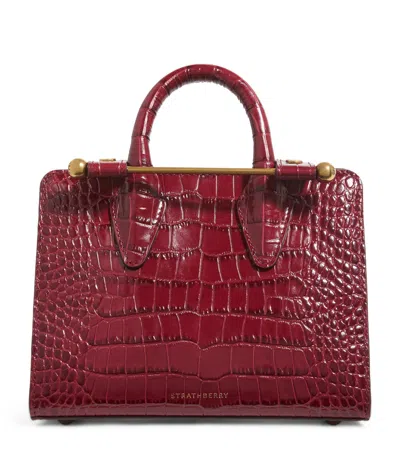 Strathberry Croc-embossed Leather Nano Tote Bag In Burgundy