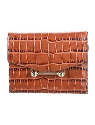 Pre-owned Strathberry Embossed Leather Animal Print Compact Wallet In Brown