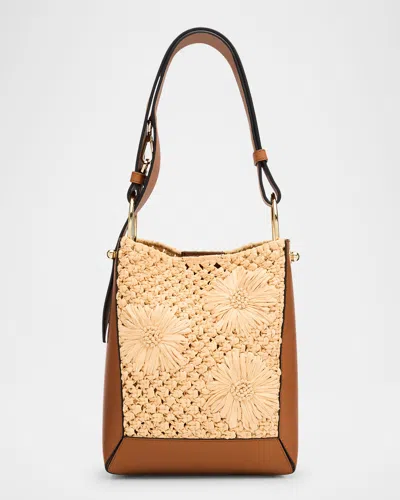 Strathberry Lana Leather & Floral Raffia Midi Bucket Bag
