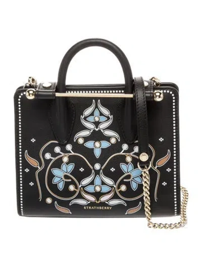 Pre-owned Strathberry Leather Nano Tote Pearl Print Black W/ Tags