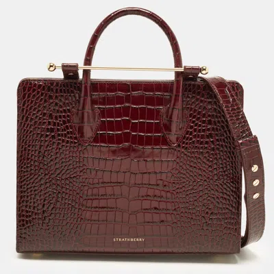 Pre-owned Strathberry Midi Burgundy Croc Embossed Leather Tote