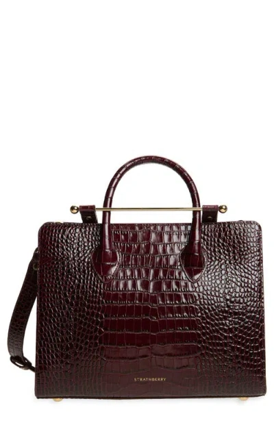 Strathberry Midi Croc Embossed Leather Tote In Burgundy