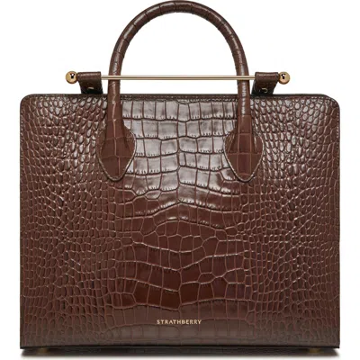 Strathberry Midi Croc Embossed Leather Tote In Chocolate