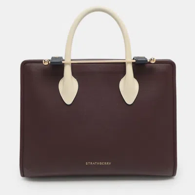 Strathberry Midi Dark Burgundy Leather Tote In White