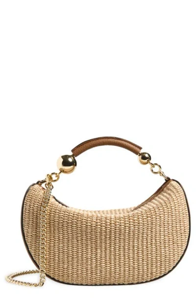 Strathberry Mini Crescent Moon Woven Raffia Shoulder Bag In Tan/natural