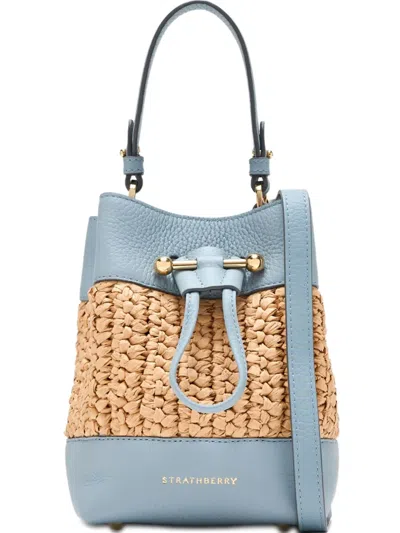 Strathberry Mini Osseteleather-raffia Bucket Bag In Blue