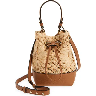 Strathberry Osette Floral Raffia & Leather Bucket Bag In Brown