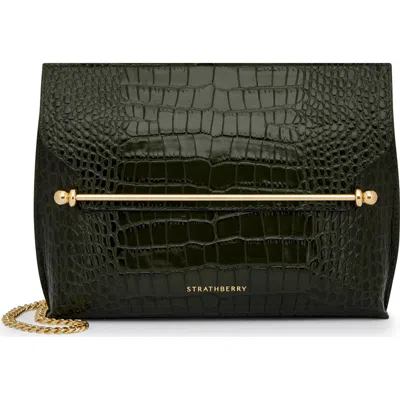 Strathberry Stylist Croc Embossed Leather Clutch In Green