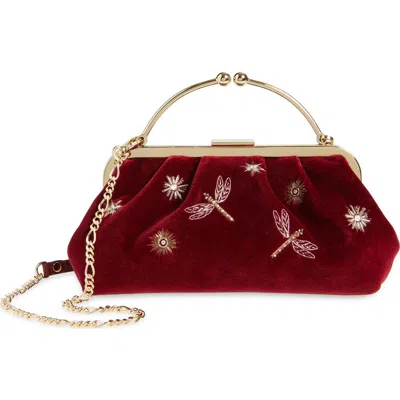 Strathberry X Cinq À Sept Embroidered Velveteen Frame Clutch In Burgundy