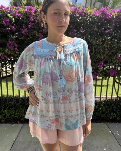 Strawberry Paris Byron Long Sleeve Top In Heron Blue In Multi