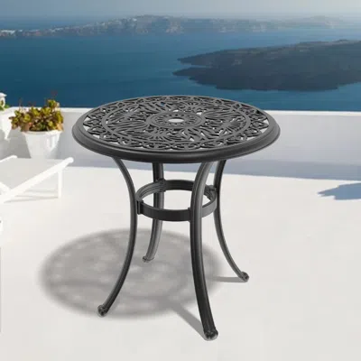 Streamdale Furniture Streamdale Ø35.43-inch Cast Aluminum Patio Dining Table With Black Frame And Umbrella Hole