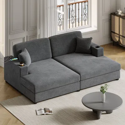 Streamdale Furniture Corduroy Chaise Loveseat With Usb Ports & Cup Holders