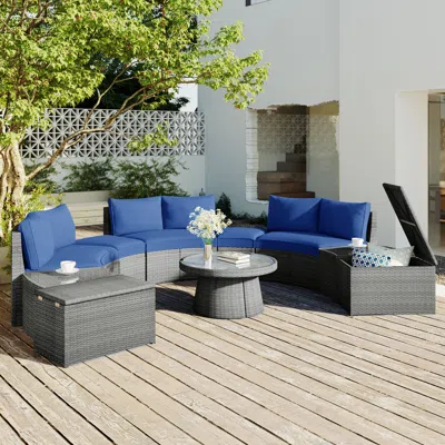 Streamdale Furniture Streamdale 10-pc Half-round Rattan Patio Sofa Set, Free Combo, Blue