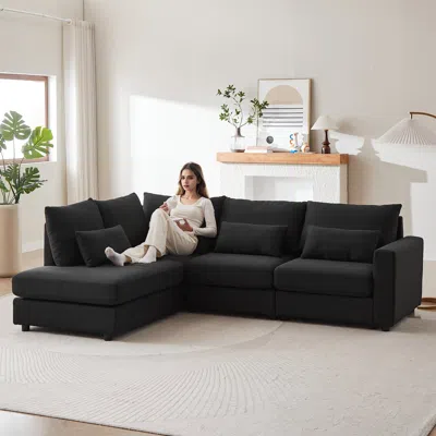 Streamdale Furniture Streamdale 100" Convertible L-shaped Linen Sofa With Ottoman & Cushions - Black