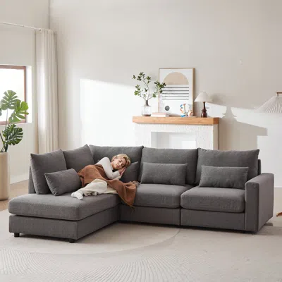 Streamdale Furniture Streamdale 100" Convertible L-shaped Linen Sofa With Ottoman & Cushions - Gray