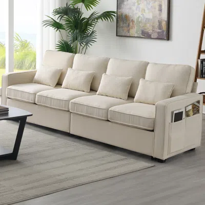 Streamdale Furniture Streamdale 104" 4-seater Modern Linen Fabric Sofa With Armrest Pockets And 4 In Neutral