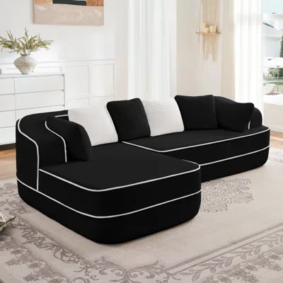 Streamdale Furniture Streamdale 106" Teddy Fabric Boneless Sofa, Contrast Color L-shaped Chaise Couch, Black