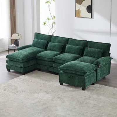 Streamdale Furniture Streamdale 106" U-shape Sectional Sofa Cloud Couch, Chenille, Ottoman & Pillows In Green