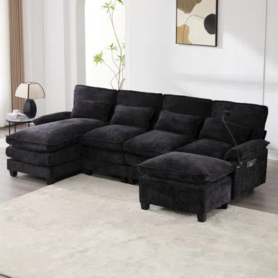Streamdale Furniture Streamdale 106" U-shape Sectional Sofa Cloud Couch, Chenille, Ottoman & Pillows In Black