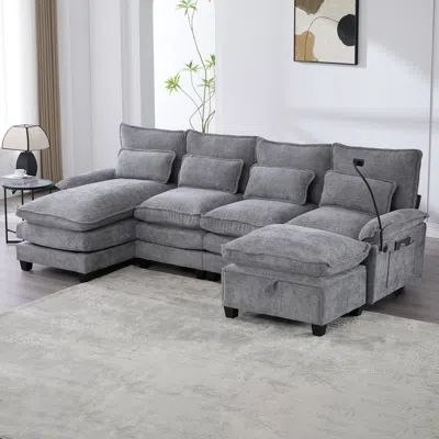 Streamdale Furniture Streamdale 106" U-shape Sectional Sofa Cloud Couch, Chenille, Ottoman & Pillows In Gray