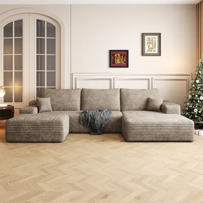Streamdale Furniture Streamdale 107" Cloud Sectional Sofa With Ottoman, Modern Upholstered Couch, Camel Corduroy