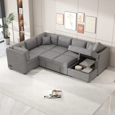 Streamdale Furniture Streamdale 108.6" U-shaped Pull Out Sofa Bed With Two Usb Ports, Two Power In Gray