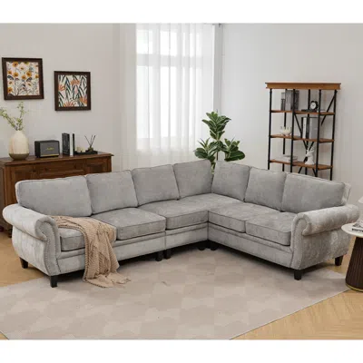 Streamdale Furniture Streamdale 109.5" Light Gray Chenille Sectional Sofa, Rivets & Rolled Arms