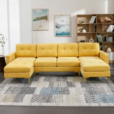 Streamdale Furniture Streamdale 110" L-shape Convertible Sectional Sofa With Ottoman In Yellow