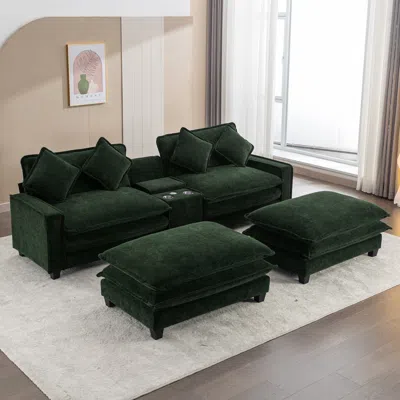 Streamdale Furniture Streamdale 111" Chenille Sectional Sofa W/ Ottomans, Usb, Cup Holders & Storage - Green