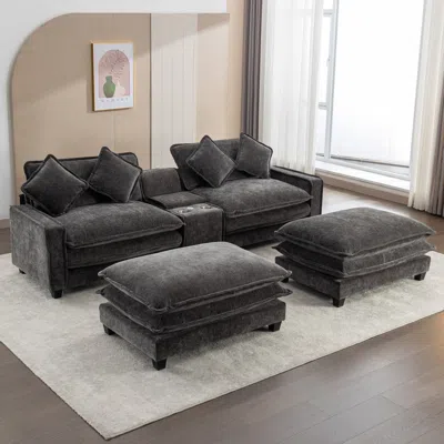 Streamdale Furniture Streamdale 111'' Chenille Sectional Sofa With Storage Ottomans Usb Ports And Cup Holders