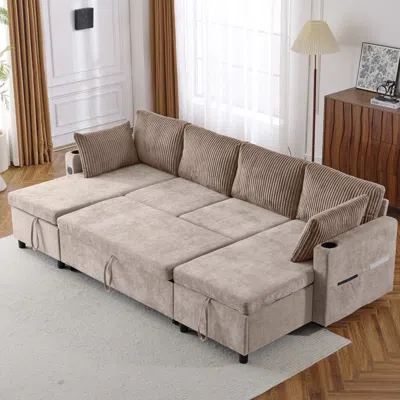 Streamdale Furniture Streamdale 1113.4" Sectional Sofa Pull-out Sofa Bed With Storage, Usb Ports & Cup Holders, Brown